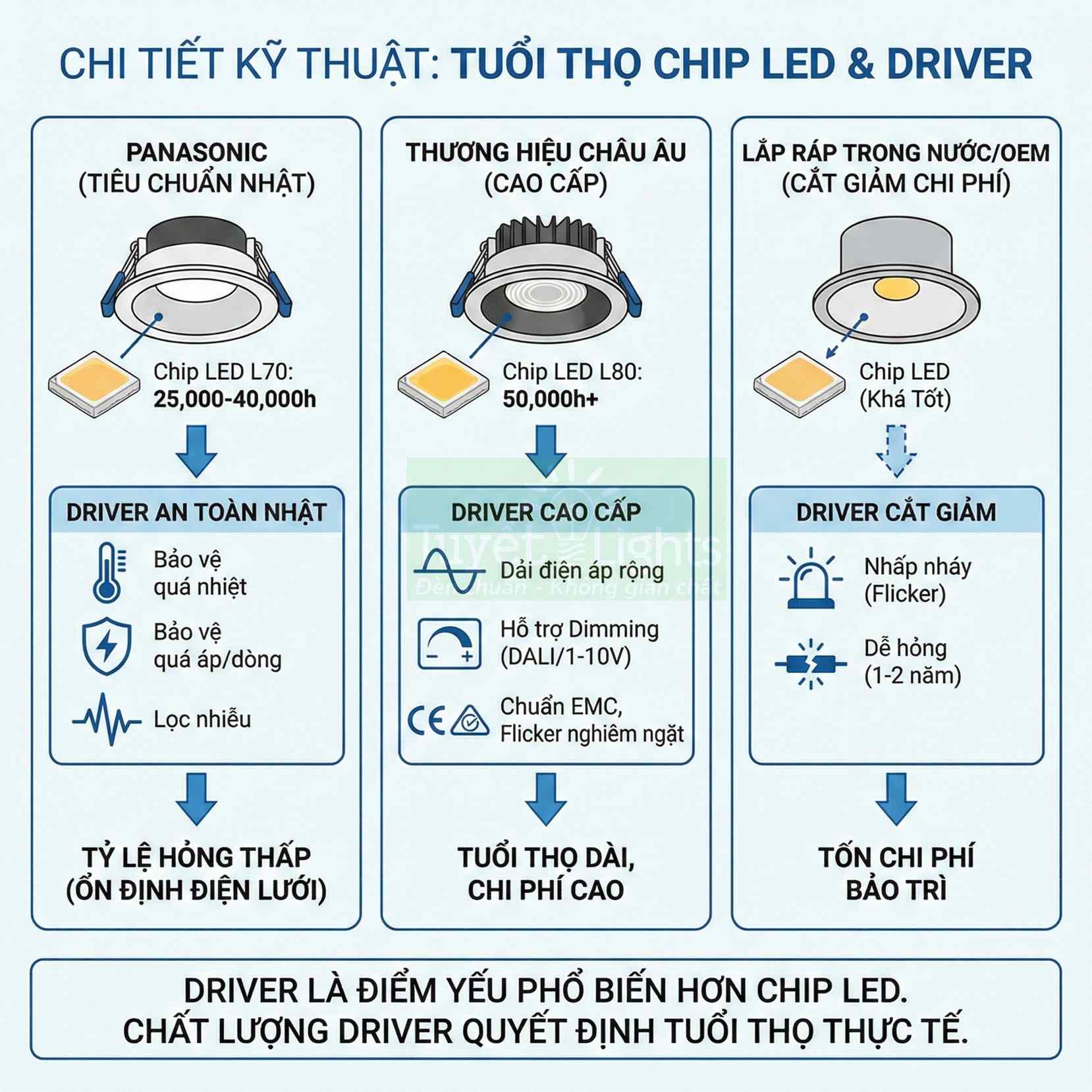 So sánh tuổi thọ chip LED và driver cho đèn âm trần Panasonic, thương hiệu châu Âu và lắp ráp trong nước