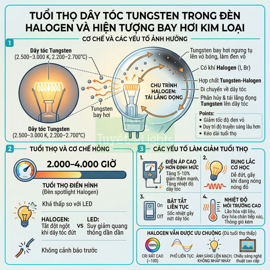 Infographic về tuổi thọ dây tóc tungsten trong bóng đèn halogen, cơ chế bay hơi kim loại và các yếu tố làm giảm tuổi thọ