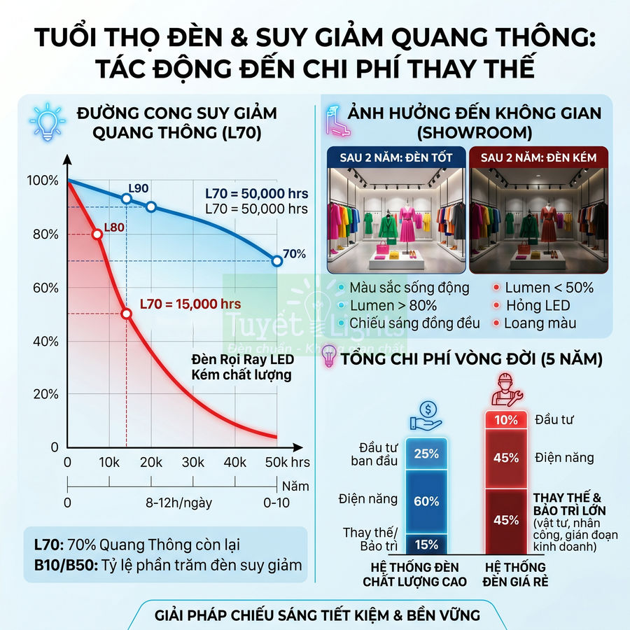 Infographic so sánh tuổi thọ, suy giảm quang thông và chi phí vòng đời của hệ thống đèn LED tốt và đèn giá rẻ