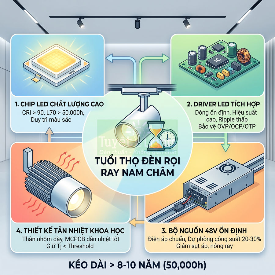 Đèn rọi ray nam châm LED kèm chip LED, driver, bộ nguồn 48V và tản nhiệt, giới thiệu tuổi thọ bền lâu