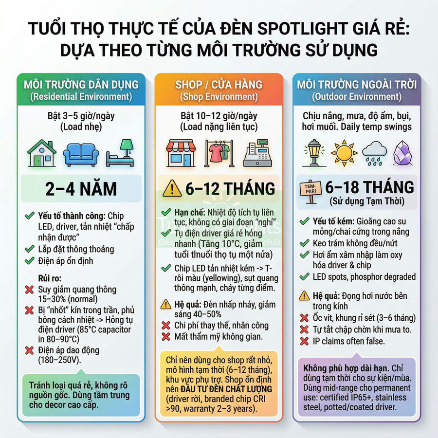 Infographic so sánh tuổi thọ thực tế của đèn spotlight giá rẻ trong nhà, cửa hàng và ngoài trời
