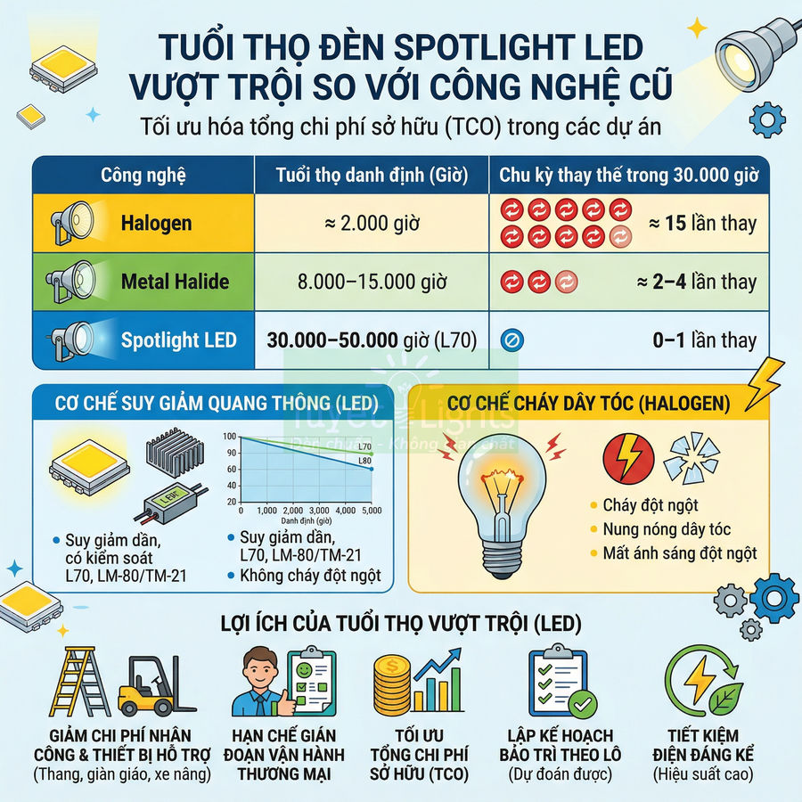 Infographic so sánh tuổi thọ và lợi ích của đèn spotlight LED với đèn halogen và metal halide