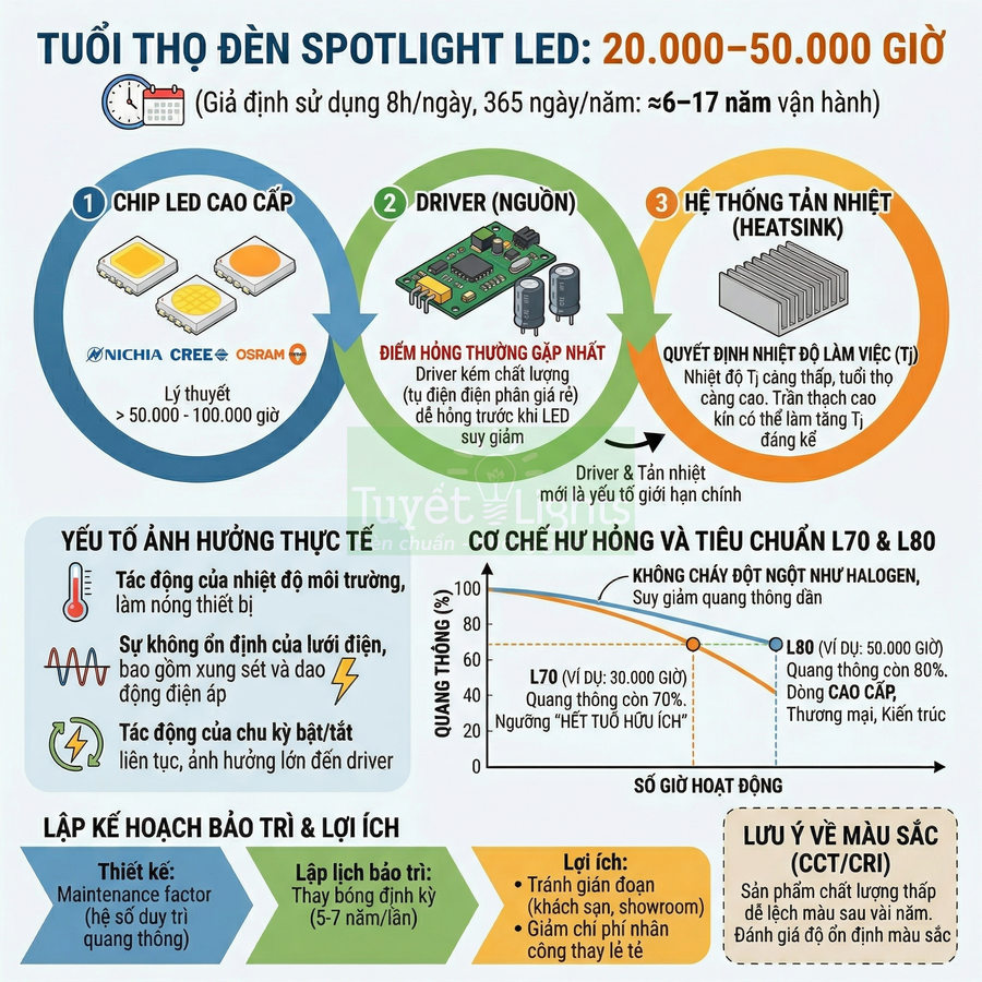 Infographic tuổi thọ đèn spotlight LED, cấu tạo chip LED, driver, tản nhiệt và các yếu tố ảnh hưởng hoạt động