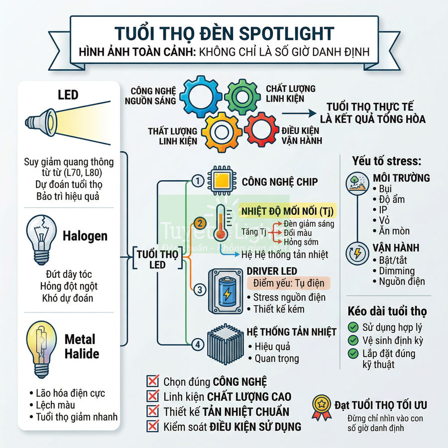 Tuổi thọ đèn spotlight phụ thuộc vào yếu tố nào?