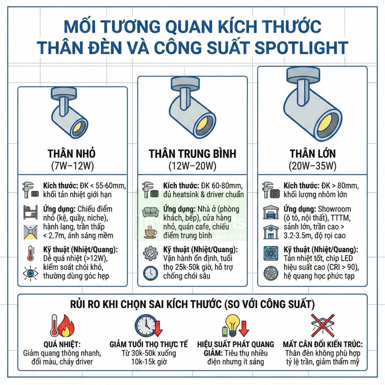 Bảng so sánh kích thước thân đèn spotlight nhỏ trung bình lớn và công suất sử dụng phù hợp