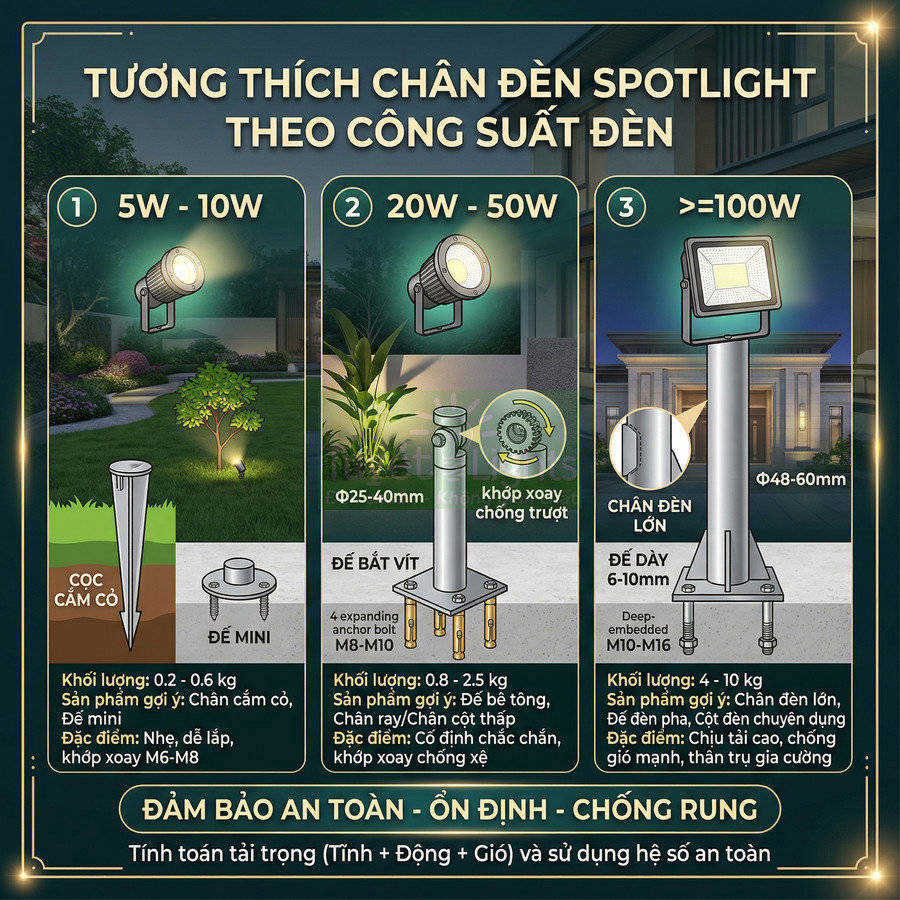 Hướng dẫn chọn chân đèn spotlight ngoài trời theo công suất, minh họa các loại chân cắm cỏ, đế bắt vít và chân đèn lớn