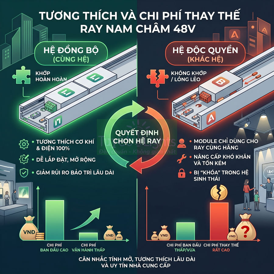 So sánh hệ ray nam châm 48V đồng bộ và độc quyền về chi phí, khả năng tương thích và nâng cấp