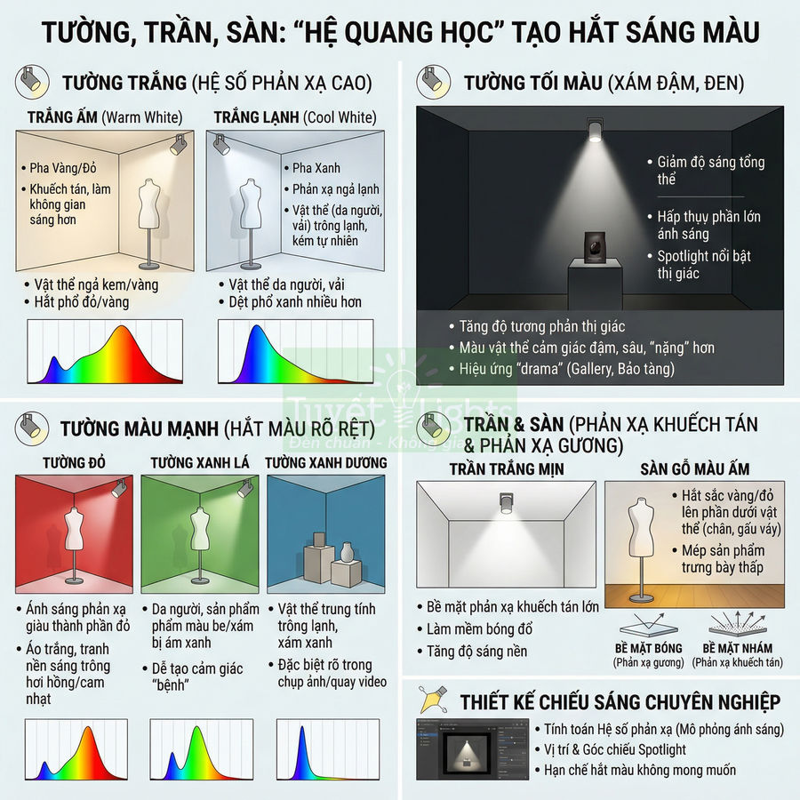 Infographic hướng dẫn chọn màu tường trần sàn và thiết kế chiếu sáng để làm nổi bật sản phẩm trưng bày