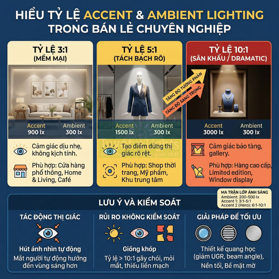 Infographic hướng dẫn tỷ lệ ánh sáng accent và ambient trong thiết kế chiếu sáng cửa hàng bán lẻ chuyên nghiệp