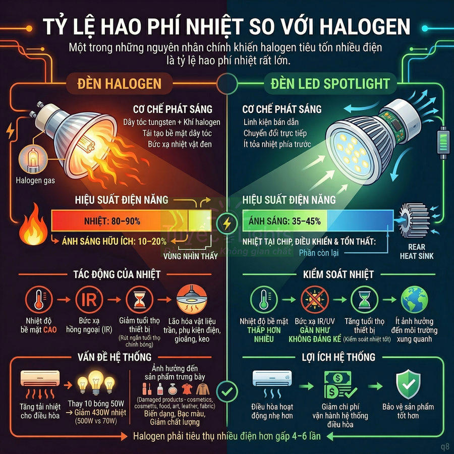 So sánh đèn halogen và đèn LED spotlight về hiệu suất điện năng, tỏa nhiệt và lợi ích tiết kiệm điện