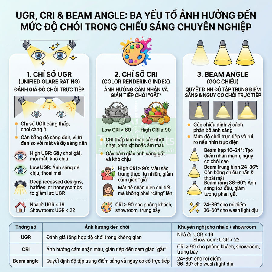 Infographic giải thích chỉ số UGR, CRI và góc chiếu beam angle ảnh hưởng độ chói trong chiếu sáng chuyên nghiệp