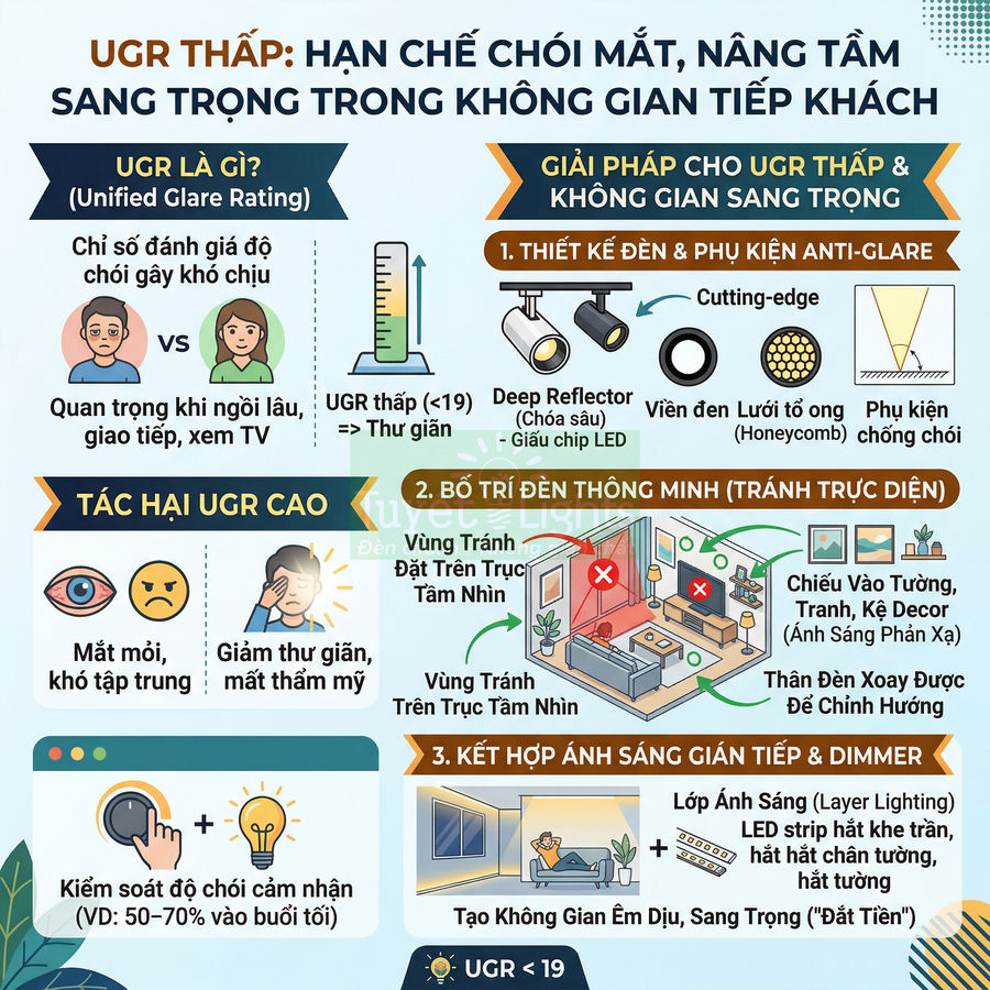 Infographic giải thích chỉ số UGR thấp và giải pháp thiết kế đèn LED chống chói cho không gian phòng khách sang trọng