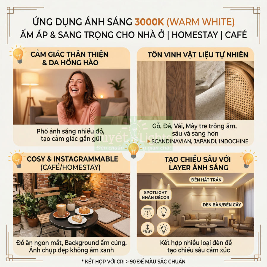 Ứng dụng ánh sáng 3000K warm white cho nhà ở homestay quán cà phê tạo không gian ấm áp sang trọng
