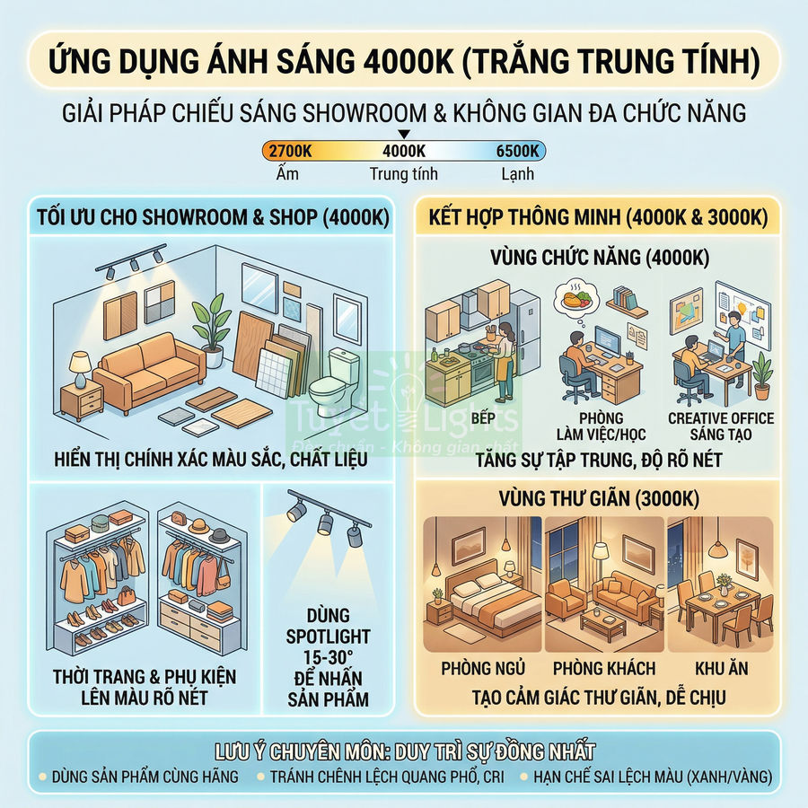 Ứng dụng đèn LED ánh sáng 4000K cho showroom, shop thời trang và không gian làm việc, bếp, phòng ngủ, phòng khách
