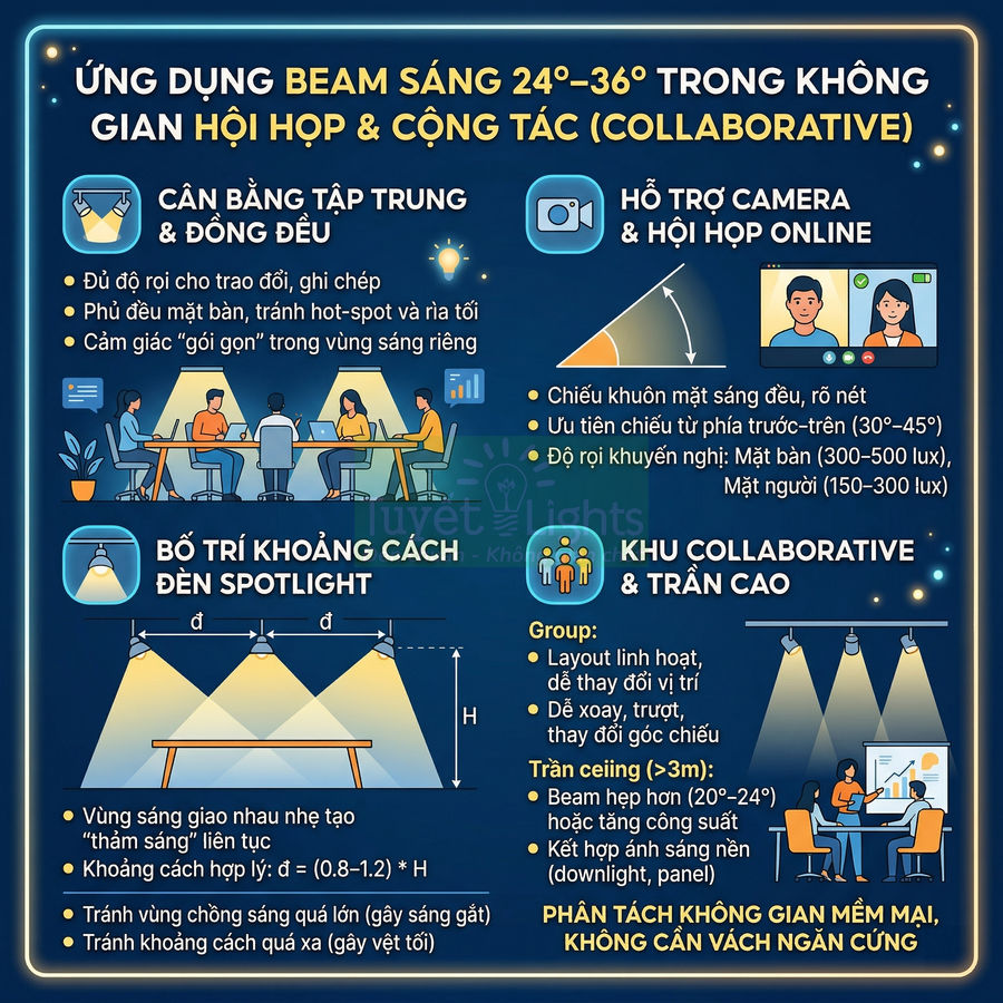 Infographic hướng dẫn bố trí đèn spotlight beam 24–36 độ cho phòng họp và không gian làm việc cộng tác