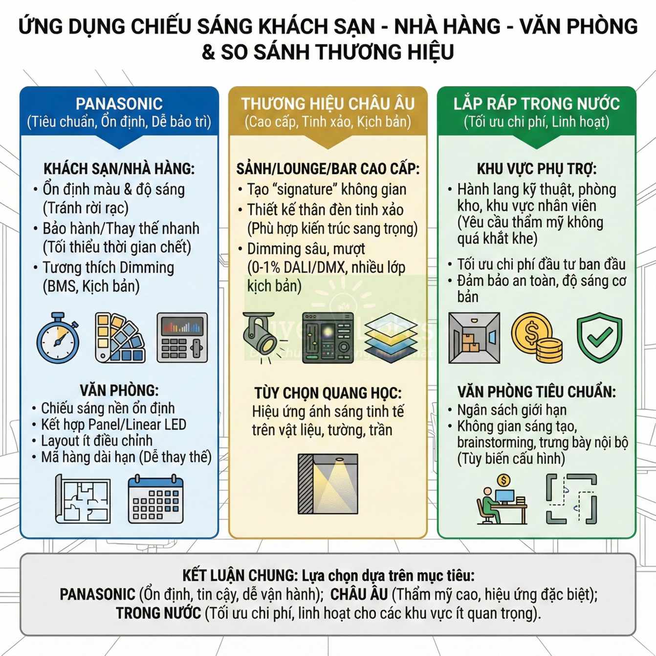 Bảng so sánh giải pháp chiếu sáng khách sạn nhà hàng văn phòng của Panasonic, thương hiệu châu Âu và lắp ráp trong nước