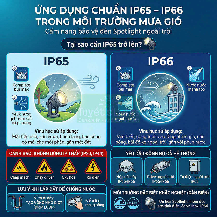 Infographic hướng dẫn chọn đèn spotlight ngoài trời chuẩn chống nước IP65 IP66 cho môi trường mưa gió