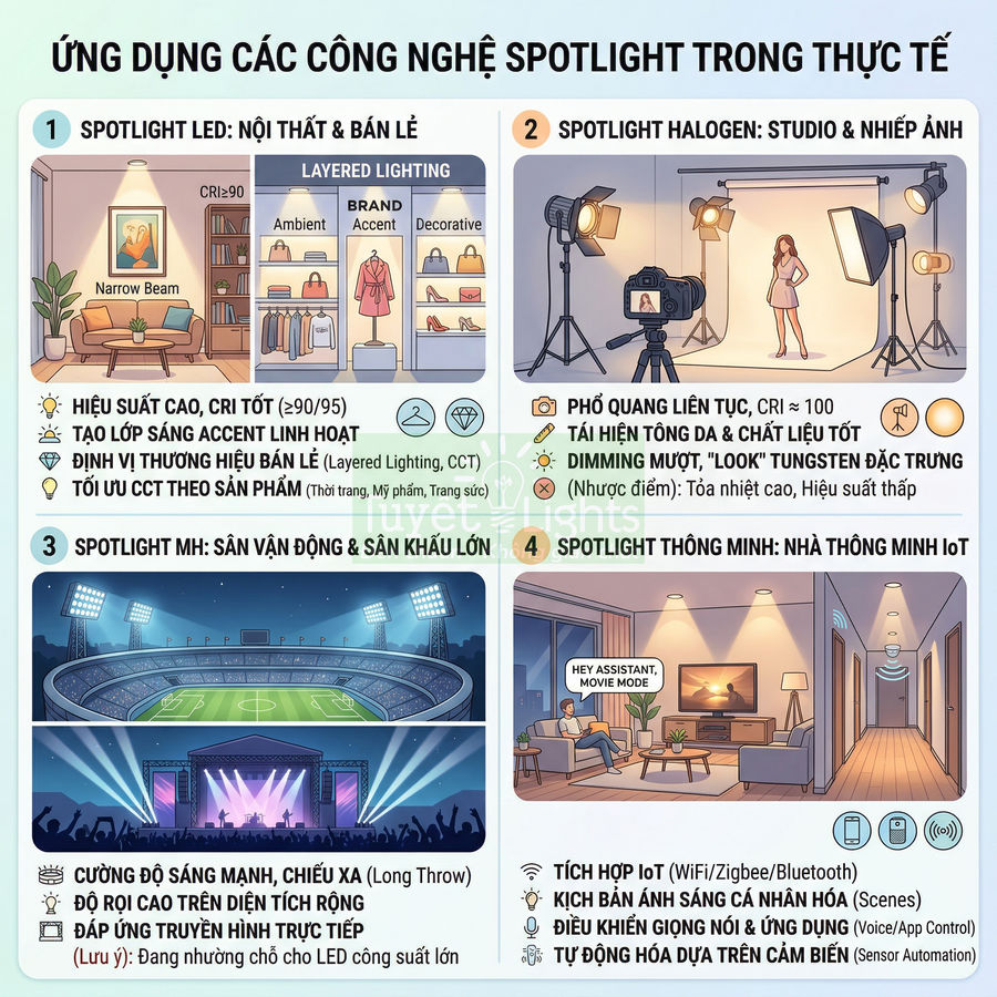 Infographic ứng dụng các loại đèn spotlight LED, halogen, metal halide và spotlight thông minh trong nội thất, studio, sân vận động