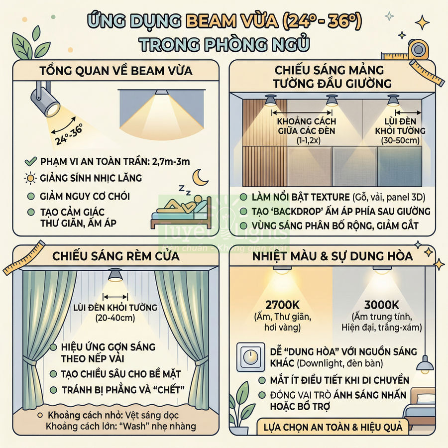 Infographic hướng dẫn ứng dụng đèn spotlight beam vừa 24 36 độ chiếu sáng phòng ngủ, rèm cửa và mảng tường đầu giường