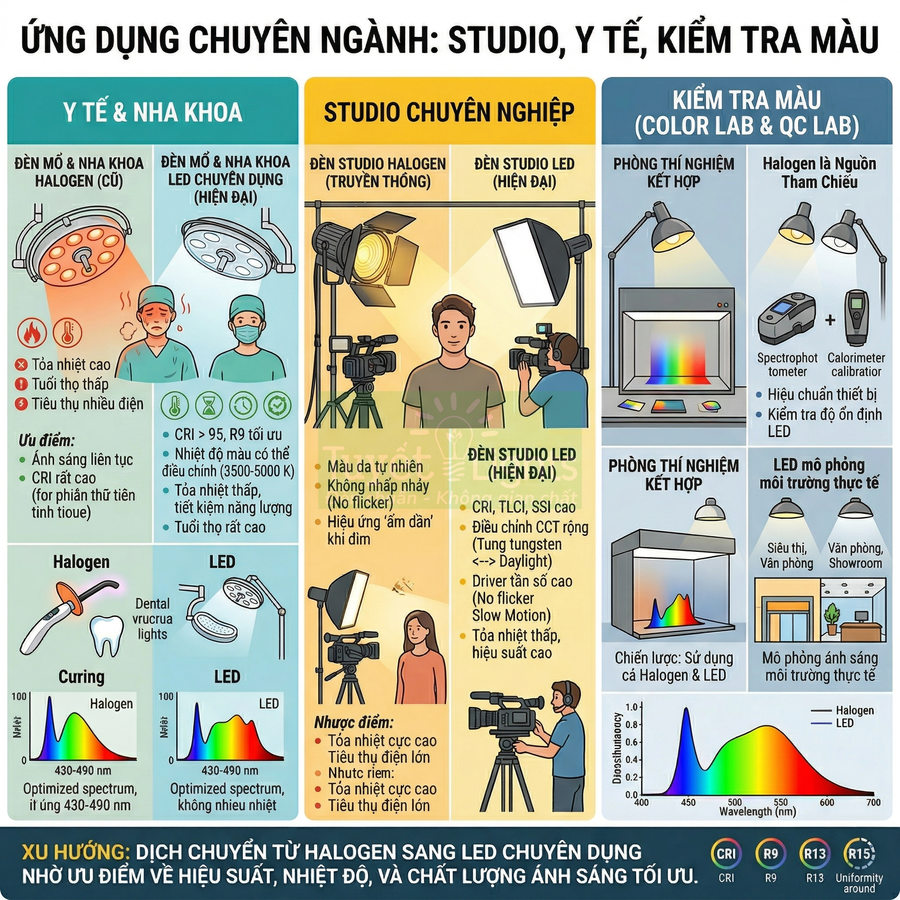 Infographic so sánh đèn halogen và đèn LED chuyên dụng cho y tế, studio và phòng kiểm tra màu
