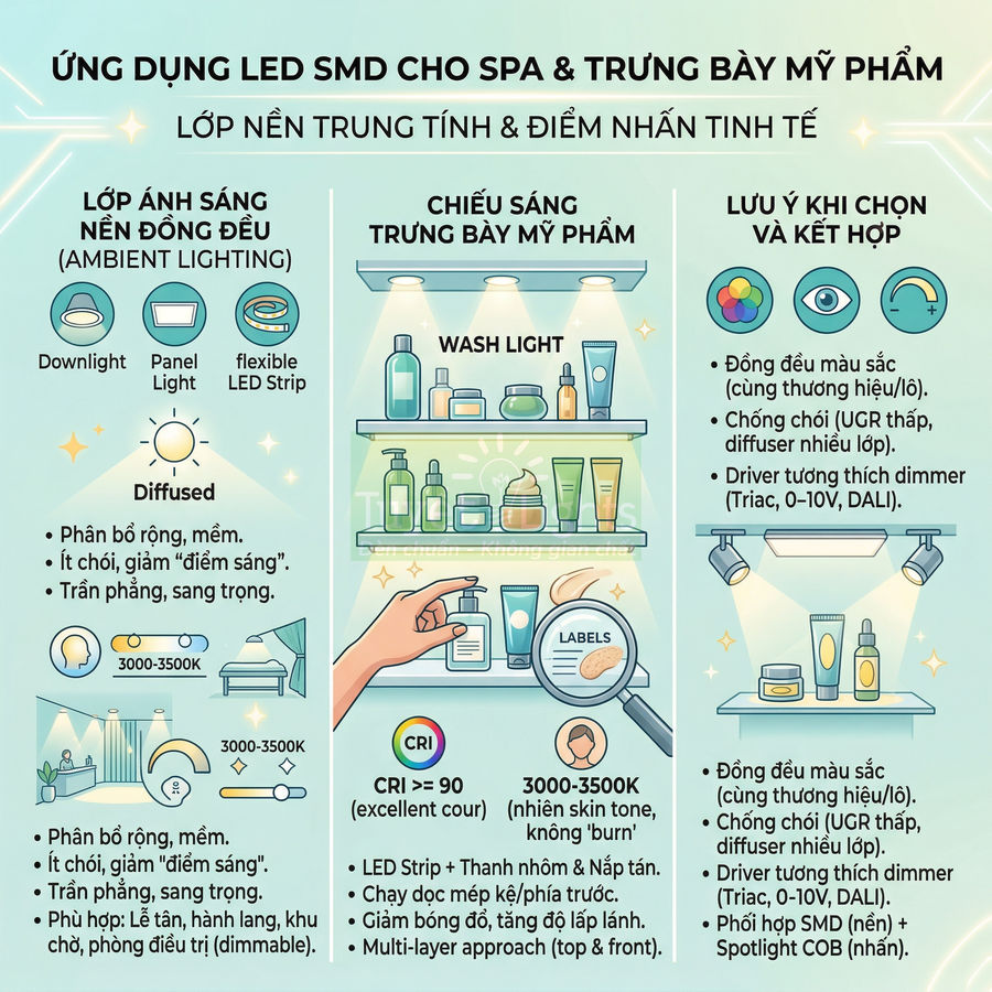Ứng dụng đèn LED SMD chiếu sáng spa và kệ trưng bày mỹ phẩm với ánh sáng trung tính, chống chói
