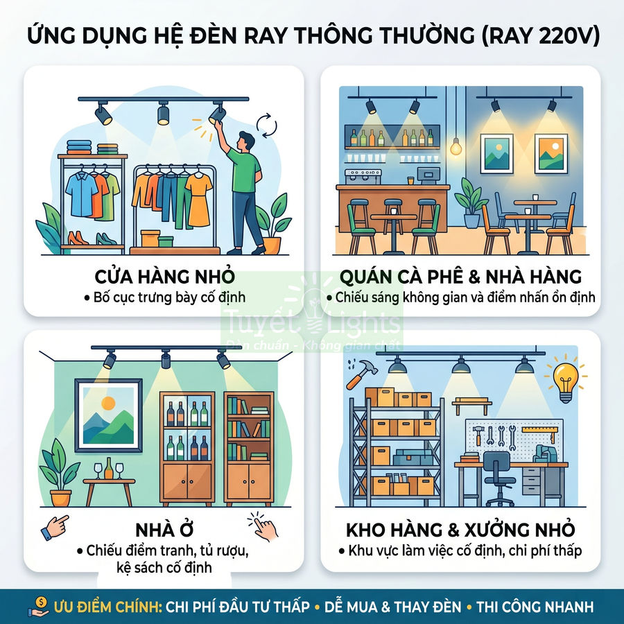 Ứng dụng đèn ray 220V chiếu sáng cửa hàng, quán cà phê, nhà ở, kho xưởng nhỏ với bố trí cố định