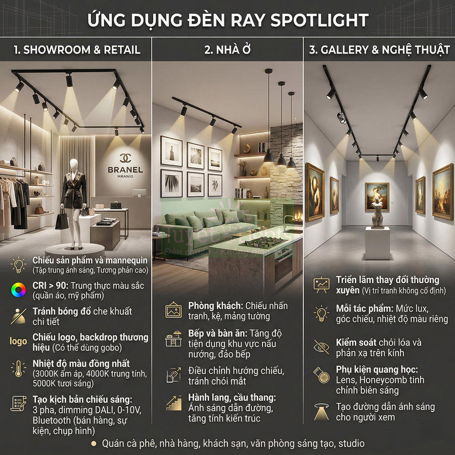 Ứng dụng đèn ray spotlight chiếu sáng showroom thời trang, phòng khách gia đình và gallery tranh nghệ thuật