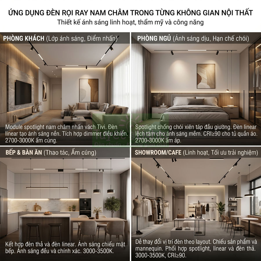 Ứng dụng đèn rọi ray nam châm chiếu sáng phòng khách, phòng ngủ, bếp và showroom nội thất hiện đại