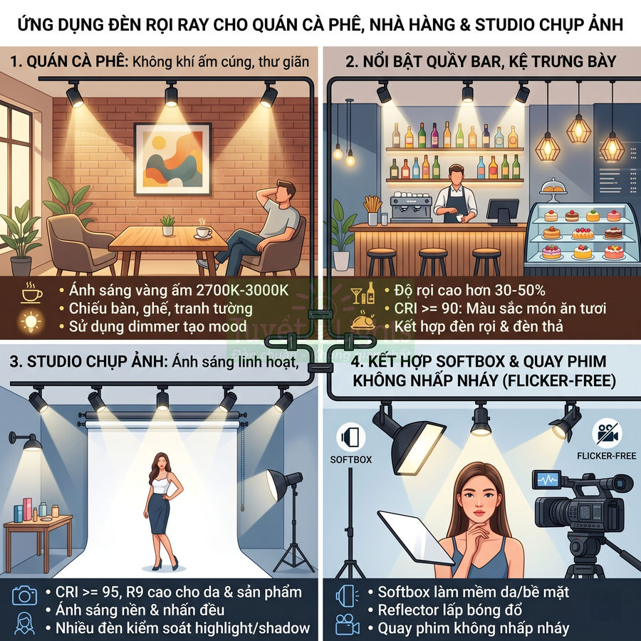 Ứng dụng đèn rọi ray chiếu sáng quán cà phê, quầy bar, studio chụp ảnh và quay phim với softbox