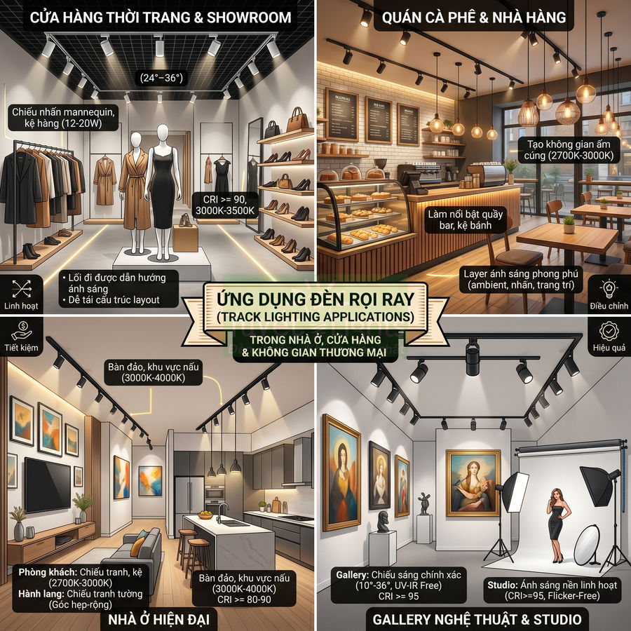 Ứng dụng đèn rọi ray chiếu sáng cửa hàng thời trang, quán cà phê, nhà ở hiện đại và gallery nghệ thuật
