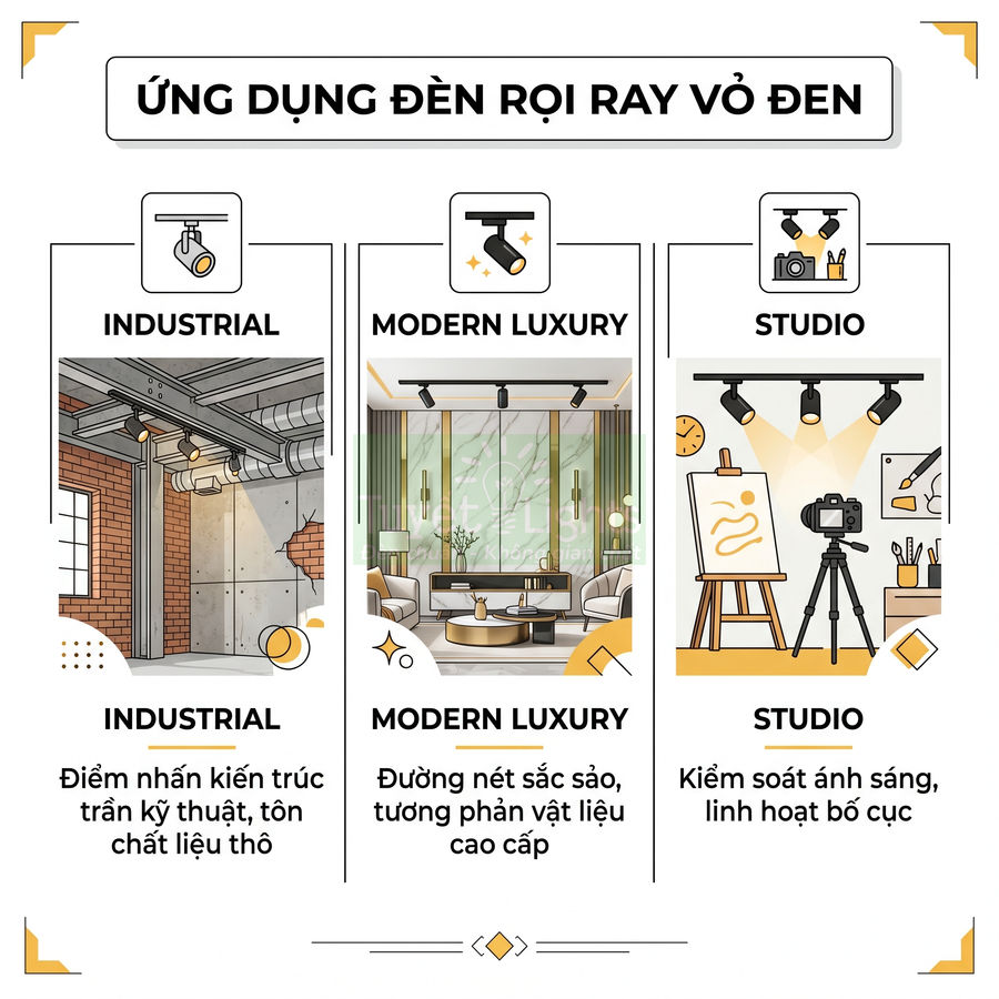 Ứng dụng đèn rọi ray vỏ đen cho trần nhà phong cách industrial, hiện đại sang trọng và studio chụp ảnh