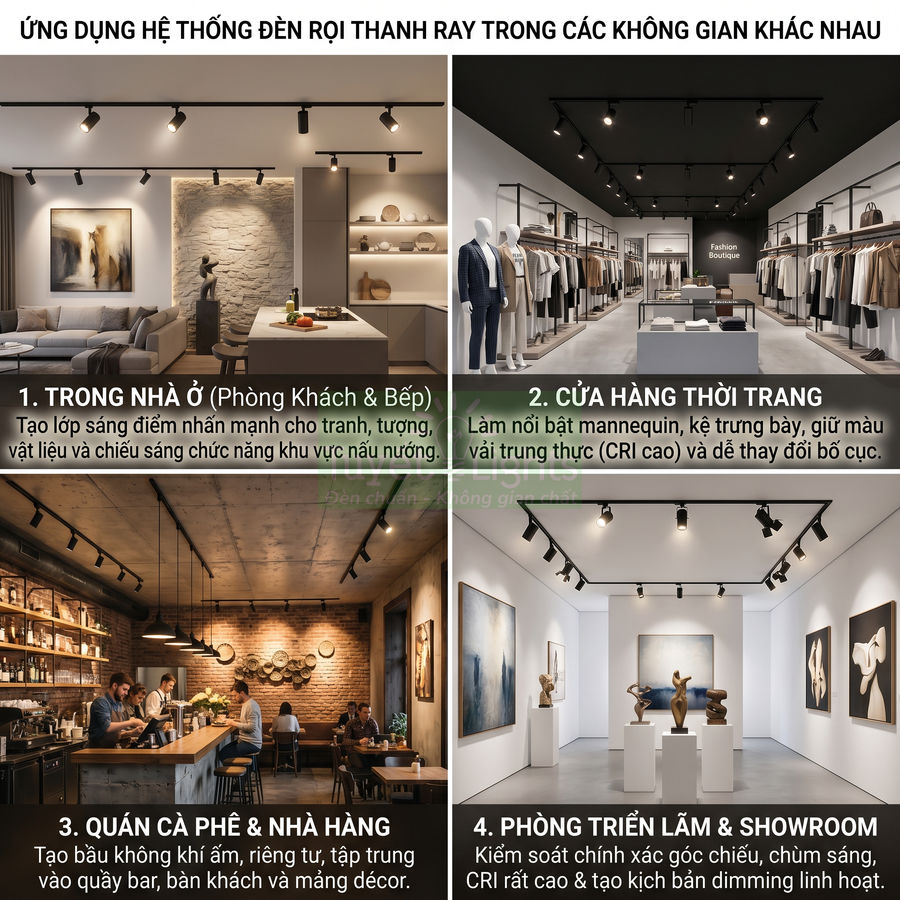 Ứng dụng đèn rọi thanh ray chiếu sáng phòng khách, cửa hàng thời trang, quán cà phê và phòng trưng bày nghệ thuật