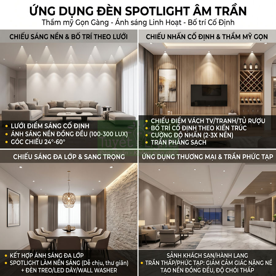 Ứng dụng đèn spotlight âm trần chiếu sáng phòng khách, phòng ăn và sảnh hiện đại, tạo không gian sang trọng gọn gàng