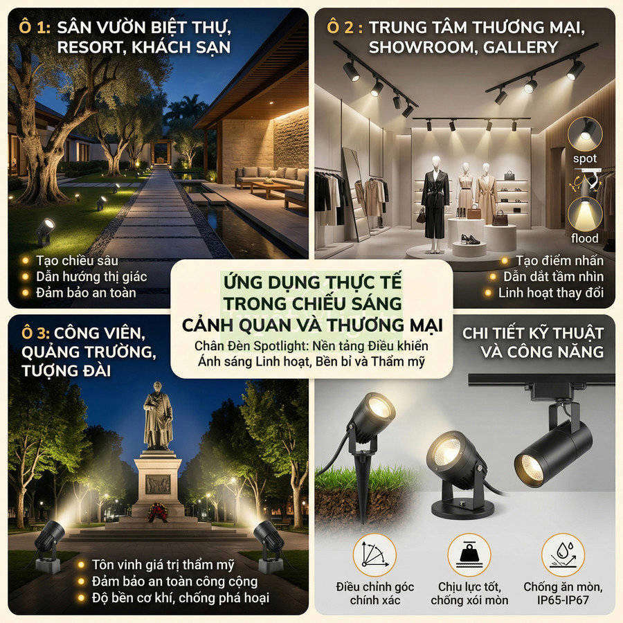 Đèn LED spotlight chiếu sáng sân vườn, công viên và showroom, chống nước IP65 IP67, điều chỉnh góc chiếu linh hoạt
