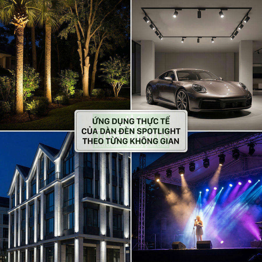 Ứng dụng đèn spotlight chiếu sáng sân vườn, showroom ô tô, mặt tiền tòa nhà và sân khấu ngoài trời