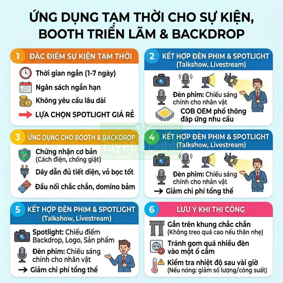 Infographic hướng dẫn ứng dụng đèn phim và spotlight giá rẻ cho sự kiện, booth triển lãm và backdrop