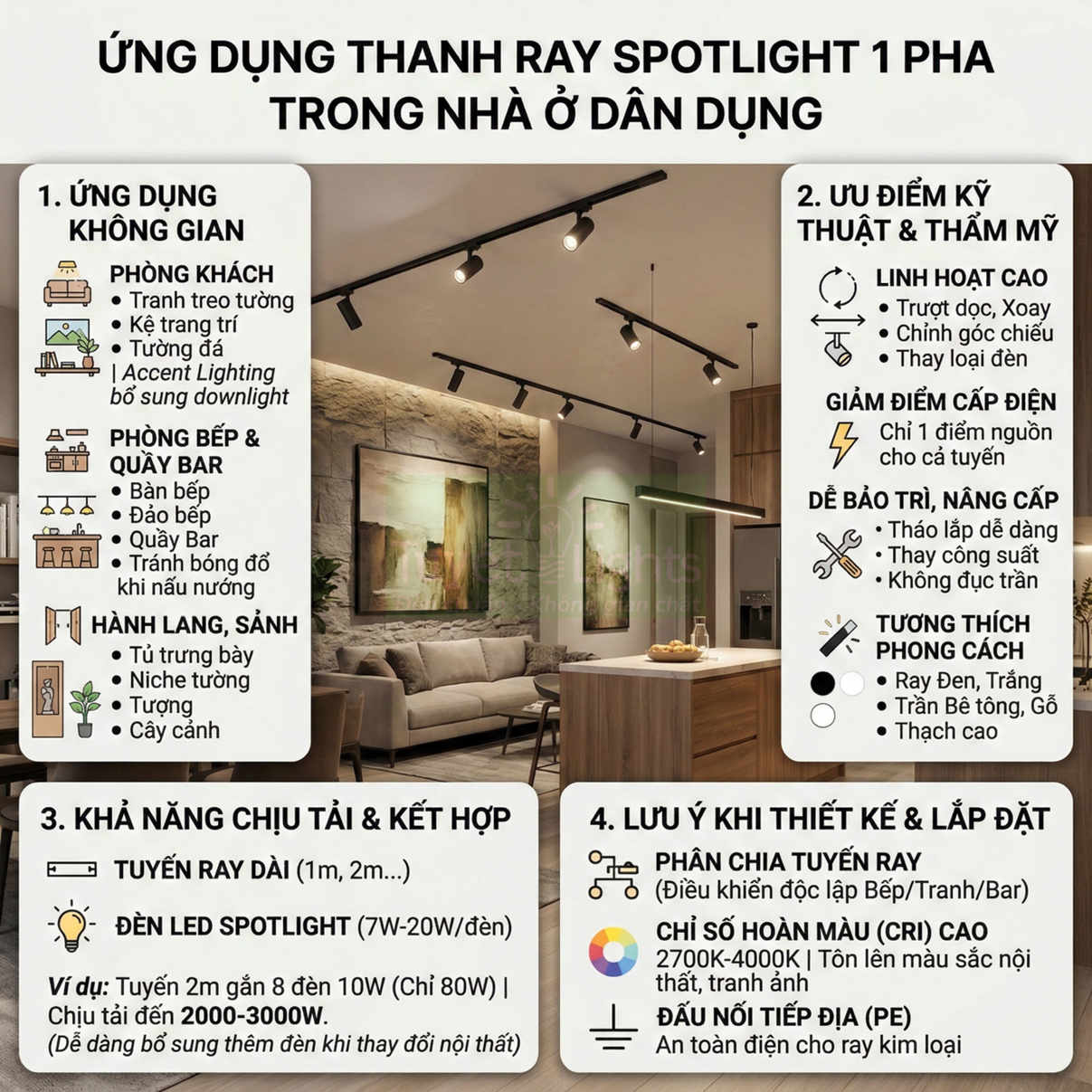 Thanh ray đèn spotlight 1 pha chiếu sáng phòng khách và bếp hiện đại trong nhà ở dân dụng
