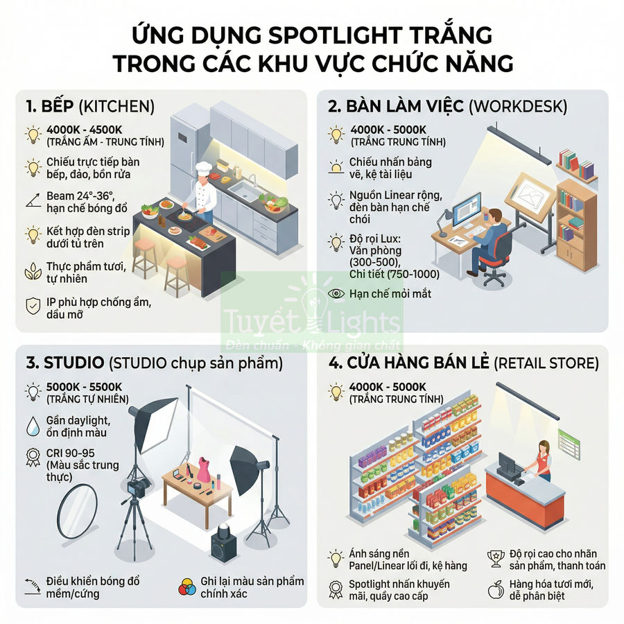 Infographic ứng dụng đèn spotlight trắng Tuyết Lights cho bếp, bàn làm việc, studio và cửa hàng bán lẻ