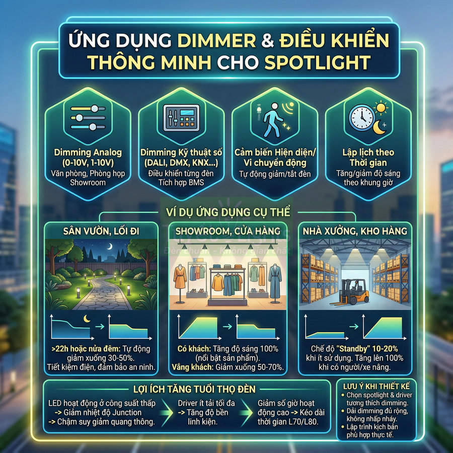 Infographic ứng dụng dimmer và điều khiển thông minh cho đèn spotlight trong sân vườn, showroom, nhà xưởng