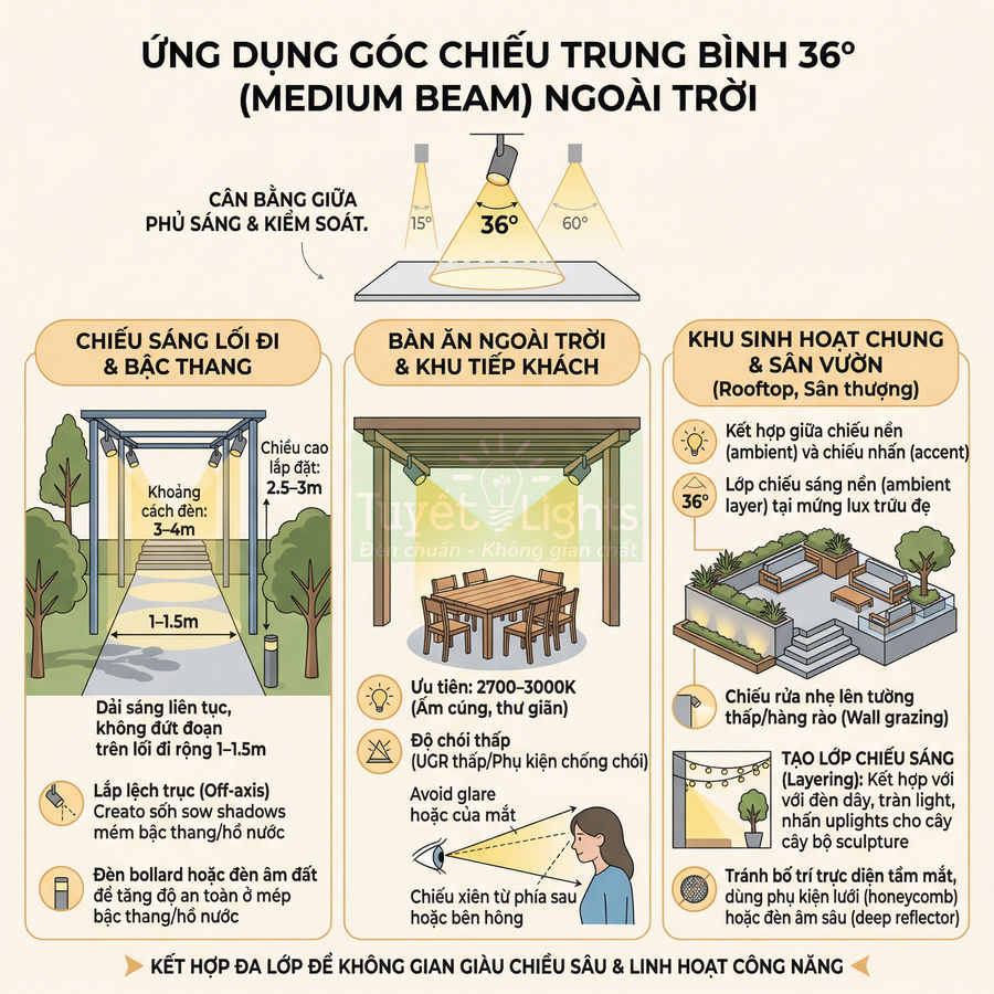 Infographic hướng dẫn ứng dụng góc chiếu đèn LED trung bình 36 độ cho lối đi, bàn ăn ngoài trời và khu sân vườn