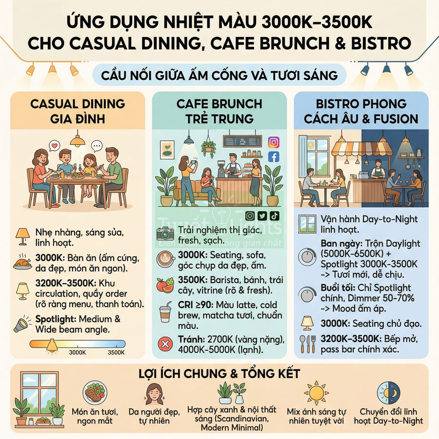 Infographic hướng dẫn chọn nhiệt màu 3000K 3500K cho chiếu sáng nhà hàng cafe brunch và bistro hiện đại