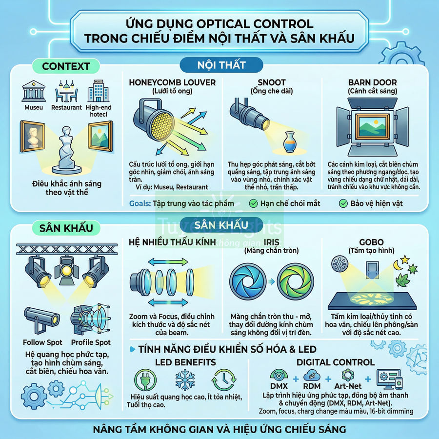 Ứng dụng optical control trong đèn chiếu điểm nội thất và sân khấu với các phụ kiện lưới tổ ong, snoot, barn door