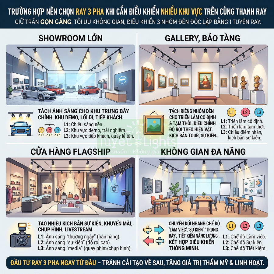 Infographic hướng dẫn ứng dụng hệ thống đèn ray 3 pha cho showroom, gallery, cửa hàng flagship và không gian đa năng