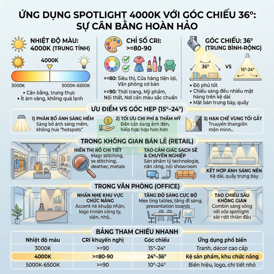 Infographic ứng dụng đèn spotlight 4000K góc chiếu 36 độ cho chiếu sáng bán lẻ và văn phòng