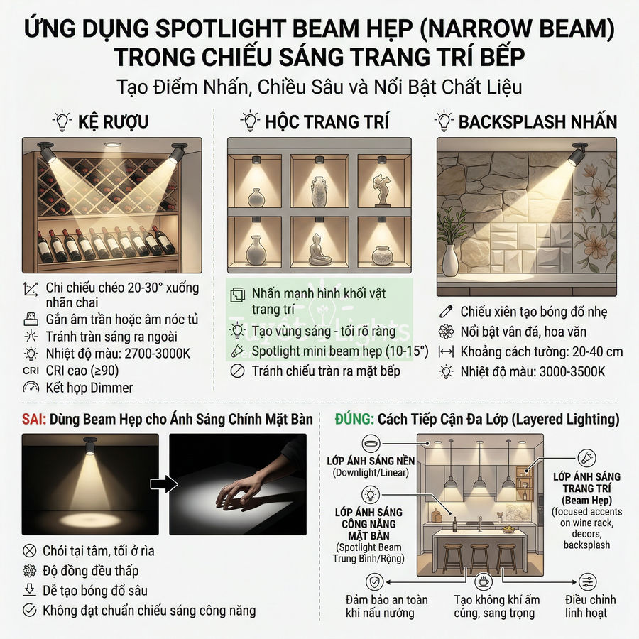 Hướng dẫn ứng dụng đèn spotlight beam hẹp trang trí tủ rượu, hộc trang trí và backsplash trong bếp