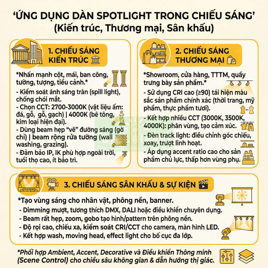 Ứng dụng dàn đèn spotlight LED trong chiếu sáng kiến trúc, thương mại, sân khấu và sự kiện