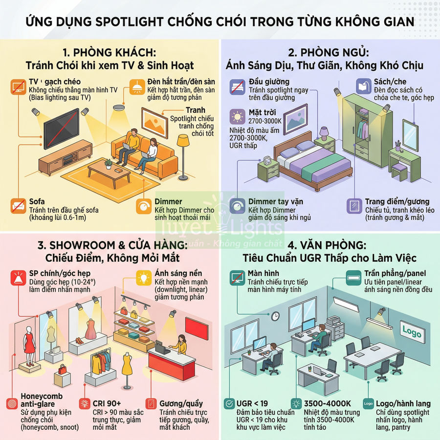 Infographic hướng dẫn ứng dụng đèn spotlight chống chói cho phòng khách phòng ngủ showroom và văn phòng