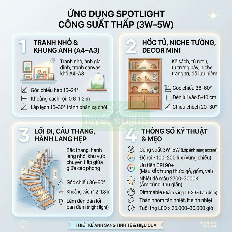 Infographic hướng dẫn ứng dụng đèn spotlight công suất thấp 3W 5W cho tranh ảnh hốc tủ cầu thang hành lang