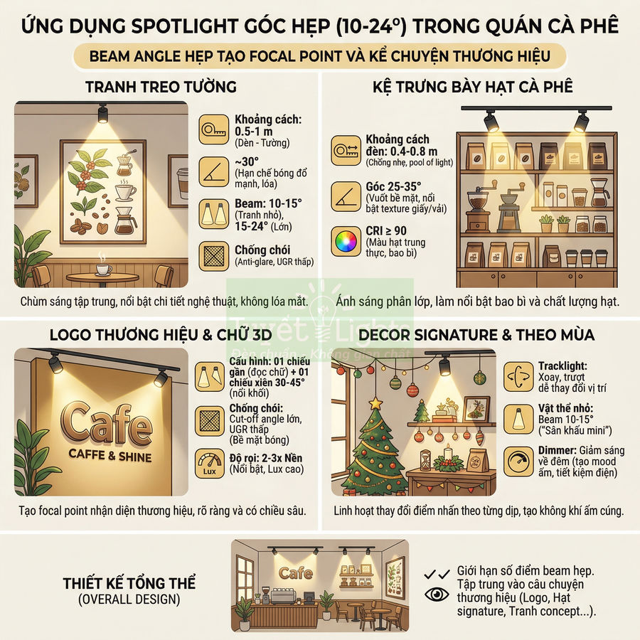 Infographic hướng dẫn dùng đèn spotlight góc hẹp chiếu sáng quán cà phê, tranh treo tường, kệ trưng bày và logo Cafe