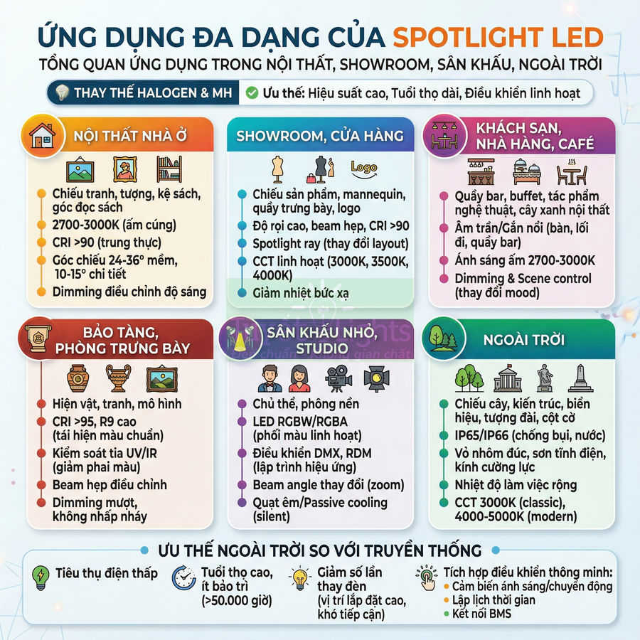 Ứng dụng đa dạng của đèn spotlight LED trong nội thất, showroom, sân khấu, ngoài trời và ưu điểm so với đèn truyền thống